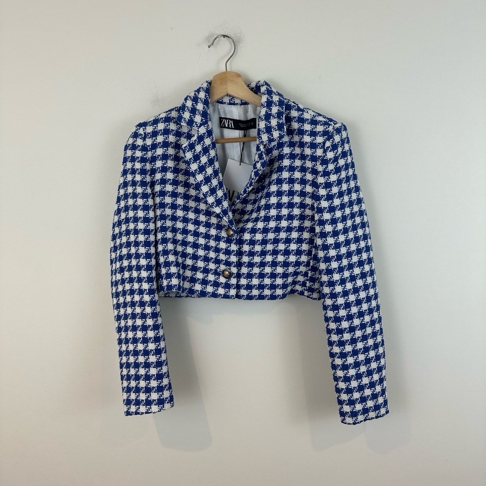 Zara Blue & White Houndstooth Cropped Blazer Button Front Jacket Size Small NWT